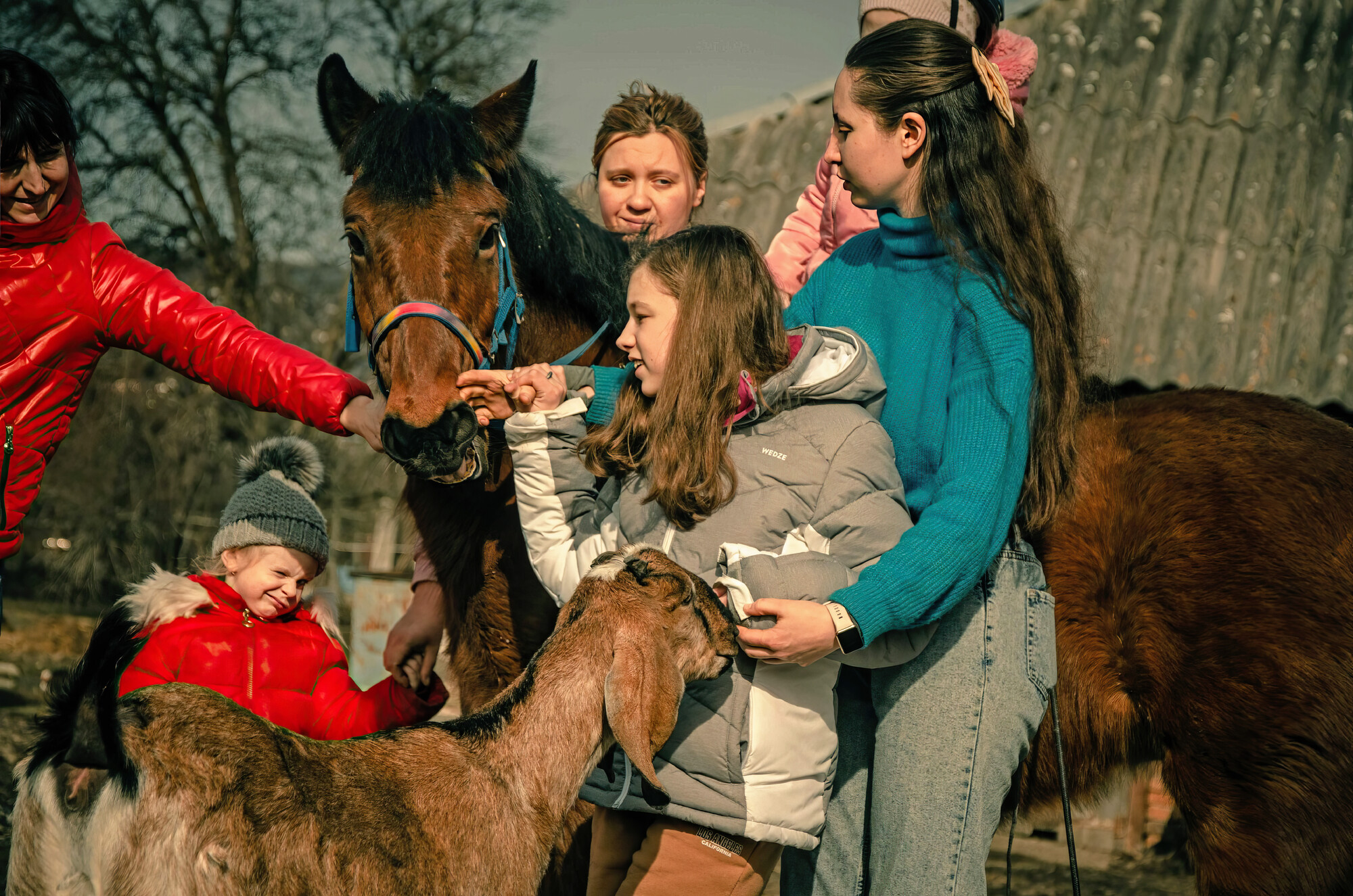 Two women standing with three children looking at a horse and goat